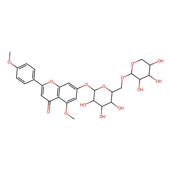 2D Structure of 5-methoxy-2-(4-methoxyphenyl)-7-[(2S,3R,4S,5S,6R)-3,4,5-trihydroxy-6-[[(2S,3S,4S,5S)-3,4,5-trihydroxyoxan-2-yl]oxymethyl]oxan-2-yl]oxychromen-4-one
