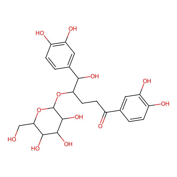 2D Structure of (4R,5R)-1,5-bis(3,4-dihydroxyphenyl)-5-hydroxy-4-[(2S,3S,4R,5R,6S)-3,4,5-trihydroxy-6-(hydroxymethyl)oxan-2-yl]oxypentan-1-one