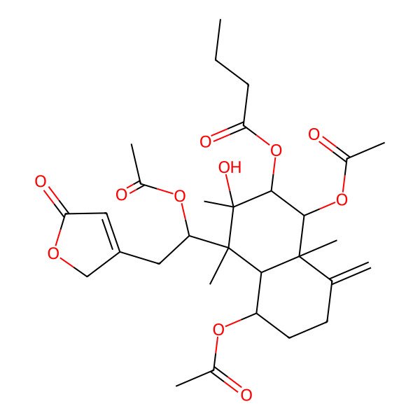 2D Structure of [(1R,2S,3R,4S,4aS,5R,8aR)-1,5-diacetyloxy-4-[(1S)-1-acetyloxy-2-(5-oxo-2H-furan-3-yl)ethyl]-3-hydroxy-3,4,8a-trimethyl-8-methylidene-1,2,4a,5,6,7-hexahydronaphthalen-2-yl] butanoate