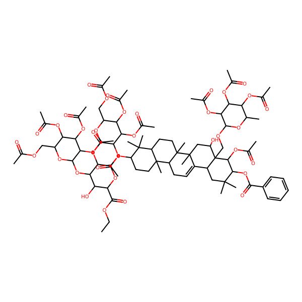 2D Structure of ethyl (2S,3S,4S,5R,6R)-6-[[(3S,4aR,6aR,6bS,8R,8aR,9R,10R,12aS,14aR,14bR)-9-acetyloxy-10-benzoyloxy-8-hydroxy-4,4,6a,6b,11,11,14b-heptamethyl-8a-[[(2R,3R,4R,5S,6S)-3,4,5-triacetyloxy-6-methyloxan-2-yl]oxymethyl]-1,2,3,4a,5,6,7,8,9,10,12,12a,14,14a-tetradecahydropicen-3-yl]oxy]-3-hydroxy-4,5-bis[[(2S,3R,4S,5S,6R)-3,4,5-triacetyloxy-6-(acetyloxymethyl)oxan-2-yl]oxy]oxane-2-carboxylate