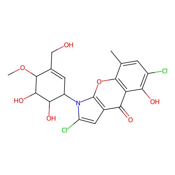 2D Structure of 2,6-Dichloro-1-[5,6-dihydroxy-3-(hydroxymethyl)-4-methoxycyclohex-2-en-1-yl]-5-hydroxy-8-methylchromeno[2,3-b]pyrrol-4-one