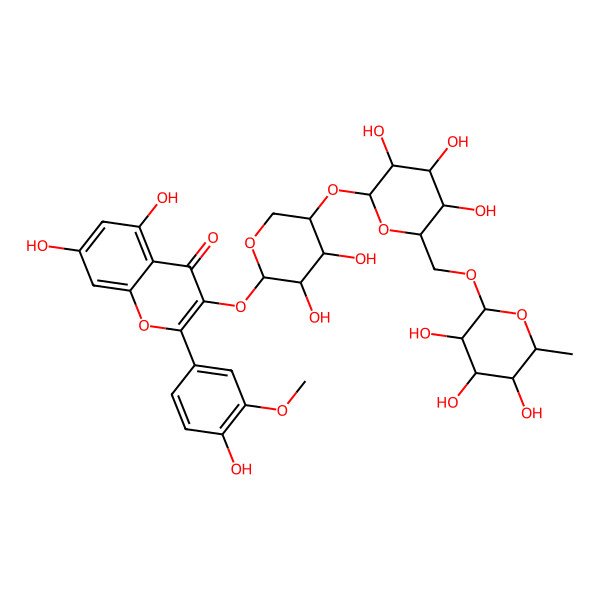 2D Structure of 3-[(5R)-3,4-dihydroxy-5-[(5R)-3,4,5-trihydroxy-6-[[(2R,4S,5R)-3,4,5-trihydroxy-6-methyloxan-2-yl]oxymethyl]oxan-2-yl]oxyoxan-2-yl]oxy-5,7-dihydroxy-2-(4-hydroxy-3-methoxyphenyl)chromen-4-one