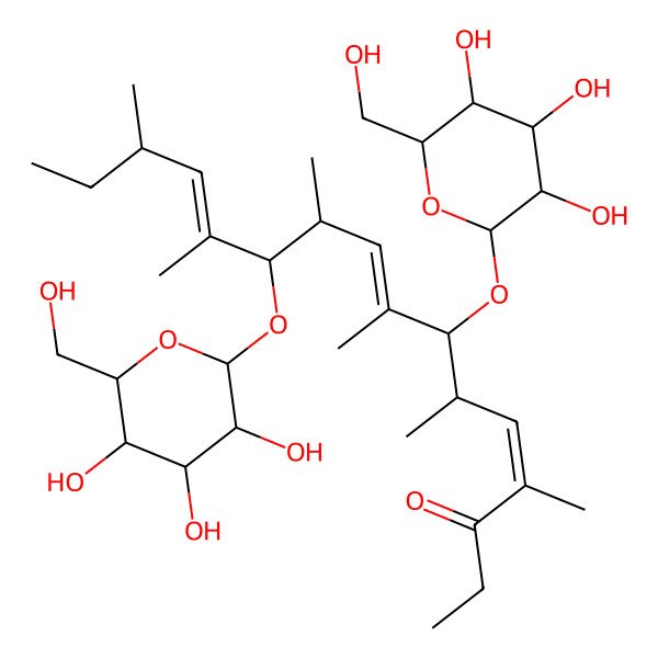 2D Structure of (4E,6S,7R,8E,10R,11R,12E,14R)-4,6,8,10,12,14-hexamethyl-7-[(2R,3S,4S,5S,6R)-3,4,5-trihydroxy-6-(hydroxymethyl)oxan-2-yl]oxy-11-[(2R,3R,4S,5S,6S)-3,4,5-trihydroxy-6-(hydroxymethyl)oxan-2-yl]oxyhexadeca-4,8,12-trien-3-one