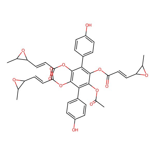 2D Structure of [2-acetyloxy-3,6-bis(4-hydroxyphenyl)-4,5-bis[[(Z)-3-[(2R,3S)-3-methyloxiran-2-yl]prop-2-enoyl]oxy]phenyl] (Z)-3-[(2R,3S)-3-methyloxiran-2-yl]prop-2-enoate
