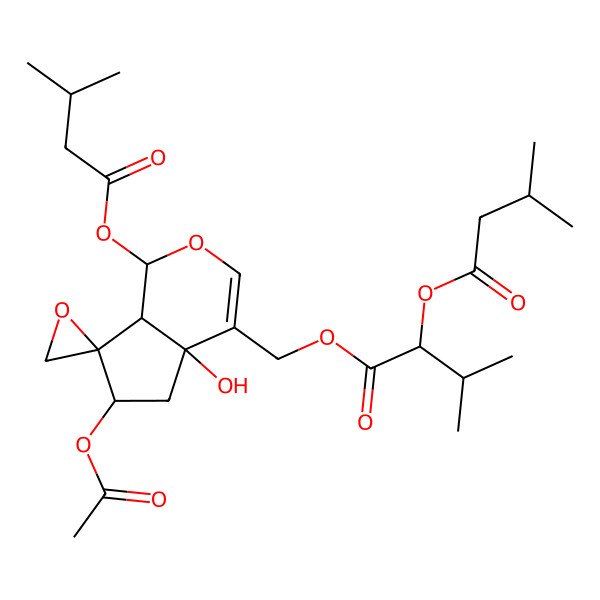 2D Structure of [(4aR,7R,7aS)-6-acetyloxy-4a-hydroxy-1-(3-methylbutanoyloxy)spiro[1,5,6,7a-tetrahydrocyclopenta[c]pyran-7,2'-oxirane]-4-yl]methyl 3-methyl-2-(3-methylbutanoyloxy)butanoate