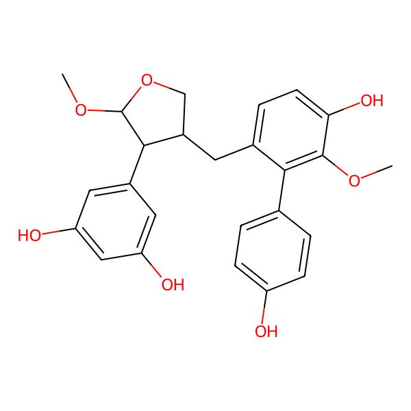 2D Structure of 5-[(2R,3S,4R)-4-[[4-hydroxy-2-(4-hydroxyphenyl)-3-methoxyphenyl]methyl]-2-methoxyoxolan-3-yl]benzene-1,3-diol