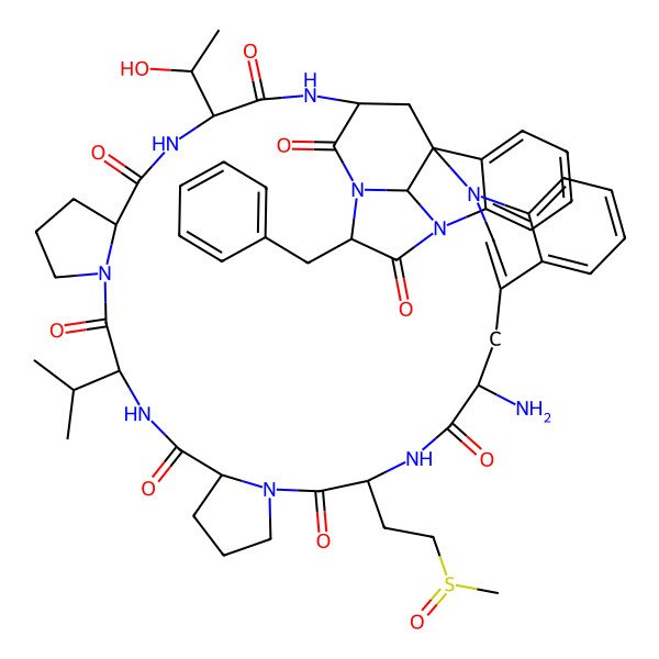 2D Structure of (1R,11R,14R,20S,23S,29R,32S,35S,38R,48R)-11-amino-38-benzyl-32-[(1R)-1-hydroxyethyl]-14-[2-[(S)-methylsulfinyl]ethyl]-23-propan-2-yl-2,13,16,22,25,31,34,37,40-nonazanonacyclo[33.11.1.11,37.12,9.03,8.016,20.025,29.041,46.040,48]nonatetraconta-3,5,7,9(49),41,43,45-heptaene-12,15,21,24,30,33,36,39-octone