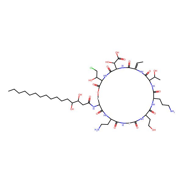 2D Structure of 2-[(3S,6S,9Z,12S,15S,18R,24R,27S)-24-(2-aminoethyl)-15-(3-aminopropyl)-3-[(1S)-2-chloro-1-hydroxyethyl]-27-(3,4-dihydroxyhexadecanoylamino)-9-ethylidene-12-[(1S)-1-hydroxyethyl]-18-(2-hydroxyethyl)-2,5,8,11,14,17,20,23,26-nonaoxo-1-oxa-4,7,10,13,16,19,22,25-octazacyclooctacos-6-yl]-2-hydroxyacetic acid