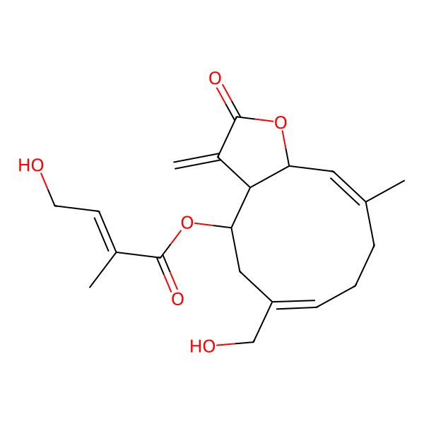 2D Structure of [(3aR,4R,6Z,10E,11aR)-6-(hydroxymethyl)-10-methyl-3-methylidene-2-oxo-3a,4,5,8,9,11a-hexahydrocyclodeca[b]furan-4-yl] (E)-4-hydroxy-2-methylbut-2-enoate