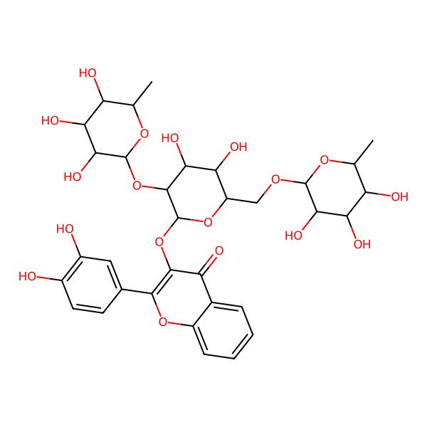 2D Structure of 2-(3,4-dihydroxyphenyl)-3-[(2S,3R,4S,5R,6R)-4,5-dihydroxy-3-[(2R,3R,4R,5R,6S)-3,4,5-trihydroxy-6-methyloxan-2-yl]oxy-6-[[(2R,3R,4R,5R,6S)-3,4,5-trihydroxy-6-methyloxan-2-yl]oxymethyl]oxan-2-yl]oxychromen-4-one