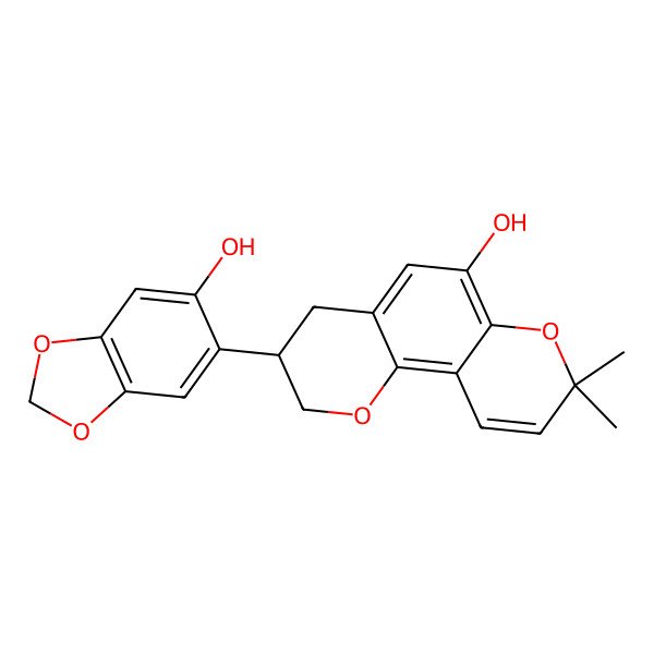 2D Structure of 2H,8H-Benzo[1,2-b:3,4-b']dipyran-6-ol, 3,4-dihydro-3-(6-hydroxy-1,3-benzodioxol-5-yl)-8,8-dimethyl-, (S)-