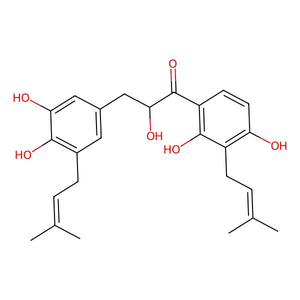 2D Structure of (2R)-1-[2,4-dihydroxy-3-(3-methylbut-2-enyl)phenyl]-3-[3,4-dihydroxy-5-(3-methylbut-2-enyl)phenyl]-2-hydroxypropan-1-one