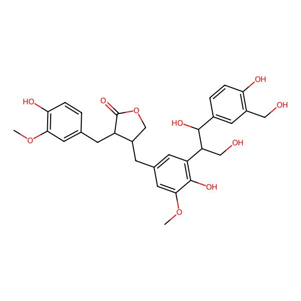 2D Structure of (3R,4R)-4-[[3-[(1S,2R)-1,3-dihydroxy-1-[4-hydroxy-3-(hydroxymethyl)phenyl]propan-2-yl]-4-hydroxy-5-methoxyphenyl]methyl]-3-[(4-hydroxy-3-methoxyphenyl)methyl]oxolan-2-one