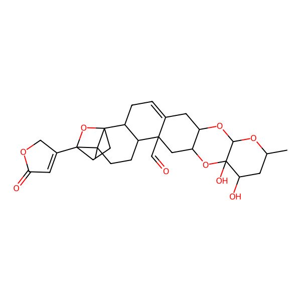 2D Structure of (1R,7R,9S,11R,13S,14S,16R,18S,19S,22S,23S)-13,14-dihydroxy-11,22-dimethyl-23-(5-oxo-2H-furan-3-yl)-8,10,15,26-tetraoxaheptacyclo[21.2.1.01,22.02,19.05,18.07,16.09,14]hexacos-4-ene-18-carbaldehyde