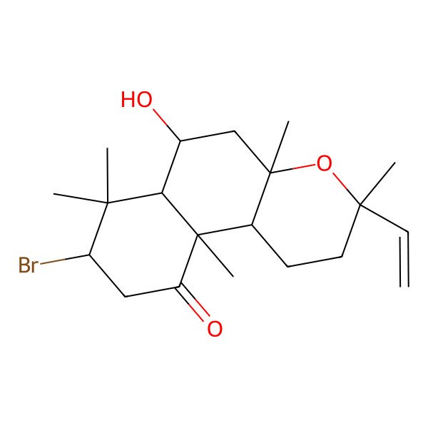2D Structure of (3R,4aS,6S,6aS,8R,10aR,10bS)-8-bromo-3-ethenyl-6-hydroxy-3,4a,7,7,10a-pentamethyl-1,2,5,6,6a,8,9,10b-octahydrobenzo[f]chromen-10-one