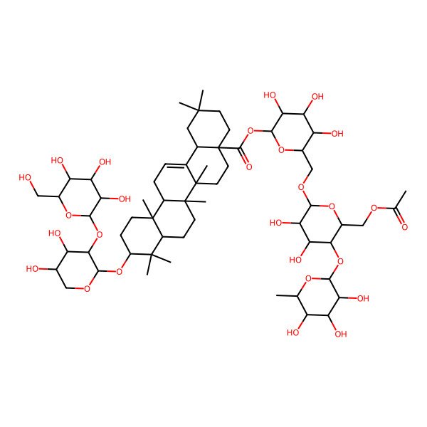 2D Structure of [6-[[6-(Acetyloxymethyl)-3,4-dihydroxy-5-(3,4,5-trihydroxy-6-methyloxan-2-yl)oxyoxan-2-yl]oxymethyl]-3,4,5-trihydroxyoxan-2-yl] 10-[4,5-dihydroxy-3-[3,4,5-trihydroxy-6-(hydroxymethyl)oxan-2-yl]oxyoxan-2-yl]oxy-2,2,6a,6b,9,9,12a-heptamethyl-1,3,4,5,6,6a,7,8,8a,10,11,12,13,14b-tetradecahydropicene-4a-carboxylate