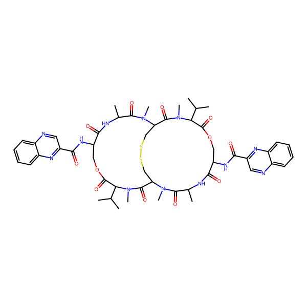 2D Structure of N-[2,4,12,15,17,25-hexamethyl-3,6,10,13,16,19,23,26-octaoxo-11,24-di(propan-2-yl)-20-(quinoxaline-2-carbonylamino)-9,22-dioxa-28,29-dithia-2,5,12,15,18,25-hexazabicyclo[12.12.4]triacontan-7-yl]quinoxaline-2-carboxamide