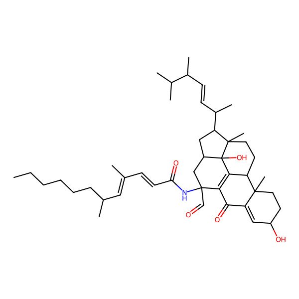 2D Structure of (2E,4E,6R)-N-[(1R,2R,5S,10R,12R,14R,15R,19R)-14-[(E,2S,5R)-5,6-dimethylhept-3-en-2-yl]-10-formyl-5,19-dihydroxy-2,15-dimethyl-8-oxo-10-pentacyclo[10.5.2.02,7.09,18.015,19]nonadeca-6,9(18)-dienyl]-4,6-dimethyldodeca-2,4-dienamide