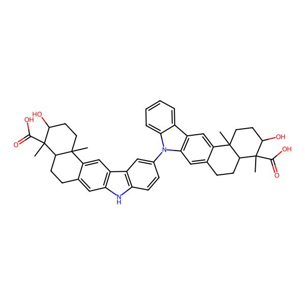 2D Structure of (16R,17S,18S,21S)-6-[(16R,17S,18S,21S)-17-carboxy-18-hydroxy-17,21-dimethyl-10-azapentacyclo[11.8.0.03,11.04,9.016,21]henicosa-1,3(11),4,6,8,12-hexaen-10-yl]-18-hydroxy-17,21-dimethyl-10-azapentacyclo[11.8.0.03,11.04,9.016,21]henicosa-1,3(11),4(9),5,7,12-hexaene-17-carboxylic acid