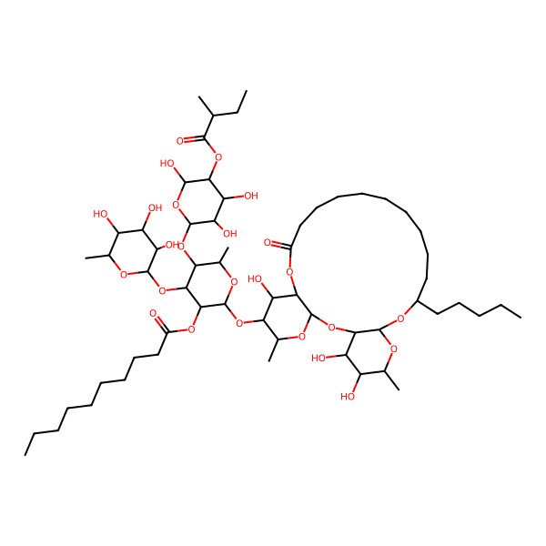 2D Structure of [6-Methyl-2-[(7,25,26-trihydroxy-5,24-dimethyl-10-oxo-20-pentyl-2,4,9,21,23-pentaoxatricyclo[20.4.0.03,8]hexacosan-6-yl)oxy]-5-[3,4,6-trihydroxy-5-(2-methylbutanoyloxy)oxan-2-yl]oxy-4-(3,4,5-trihydroxy-6-methyloxan-2-yl)oxyoxan-3-yl] decanoate