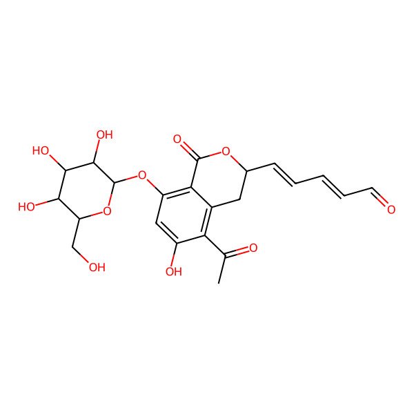 2D Structure of (2E,4E)-5-[(3S)-5-acetyl-8-(beta-D-glucopyranosyloxy)-3,4-dihydro-6-hydroxy-1-oxo-1H-2-benzopyran-3-yl]penta-2,4-dienal