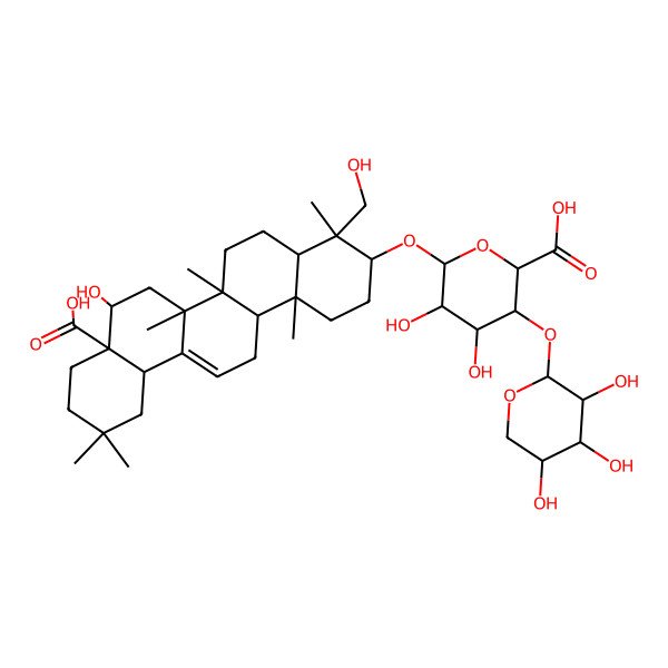 2D Structure of (2S,3S,4R,5R,6R)-6-[[(3S,4S,4aR,6aR,6bS,8R,8aR,12aS,14aR,14bR)-8a-carboxy-8-hydroxy-4-(hydroxymethyl)-4,6a,6b,11,11,14b-hexamethyl-1,2,3,4a,5,6,7,8,9,10,12,12a,14,14a-tetradecahydropicen-3-yl]oxy]-4,5-dihydroxy-3-[(2S,3R,4S,5R)-3,4,5-trihydroxyoxan-2-yl]oxyoxane-2-carboxylic acid