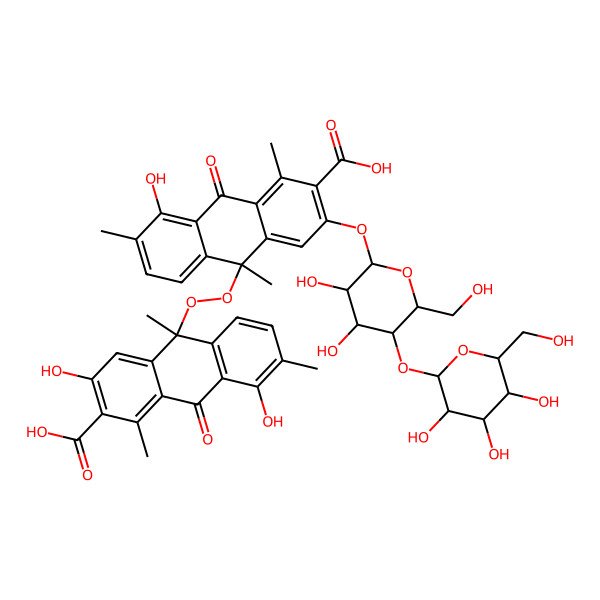 2D Structure of (10S)-10-[(9S)-3-carboxy-2-[(2R,3R,4S,5R,6R)-3,4-dihydroxy-6-(hydroxymethyl)-5-[(2R,3S,4S,5R,6S)-3,4,5-trihydroxy-6-(hydroxymethyl)oxan-2-yl]oxyoxan-2-yl]oxy-5-hydroxy-4,6,9-trimethyl-10-oxoanthracen-9-yl]peroxy-3,8-dihydroxy-1,7,10-trimethyl-9-oxoanthracene-2-carboxylic acid