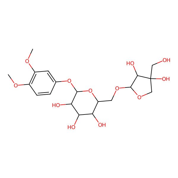 2D Structure of (2R,3S,4S,5R,6S)-2-[[(2R,3R,4R)-3,4-dihydroxy-4-(hydroxymethyl)oxolan-2-yl]oxymethyl]-6-(3,4-dimethoxyphenoxy)oxane-3,4,5-triol