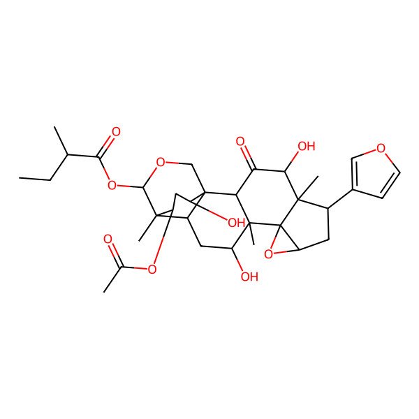 2D Structure of [(1S,2R,4R,5R,6S,8R,10S,11S,12R,14R,15R,16S,19S,21R)-21-acetyloxy-6-(furan-3-yl)-4,12,19-trihydroxy-5,11,15-trimethyl-3-oxo-9,17-dioxahexacyclo[13.3.3.01,14.02,11.05,10.08,10]henicosan-16-yl] (2R)-2-methylbutanoate