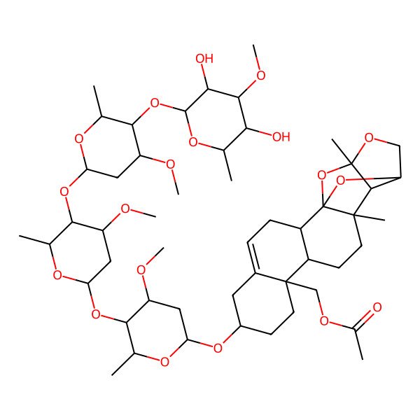 2D Structure of [(1S,2R,7S,10S,11S,14R,15R,16R,19S)-7-[(2R,4R,5R)-5-[(2S,4R,5R)-5-[(2S,4R,5R)-5-[(2S,4S,5R)-3,5-dihydroxy-4-methoxy-6-methyloxan-2-yl]oxy-4-methoxy-6-methyloxan-2-yl]oxy-4-methoxy-6-methyloxan-2-yl]oxy-4-methoxy-6-methyloxan-2-yl]oxy-14,16-dimethyl-17,20,21-trioxahexacyclo[14.4.1.01,14.02,11.05,10.015,19]henicos-4-en-10-yl]methyl acetate