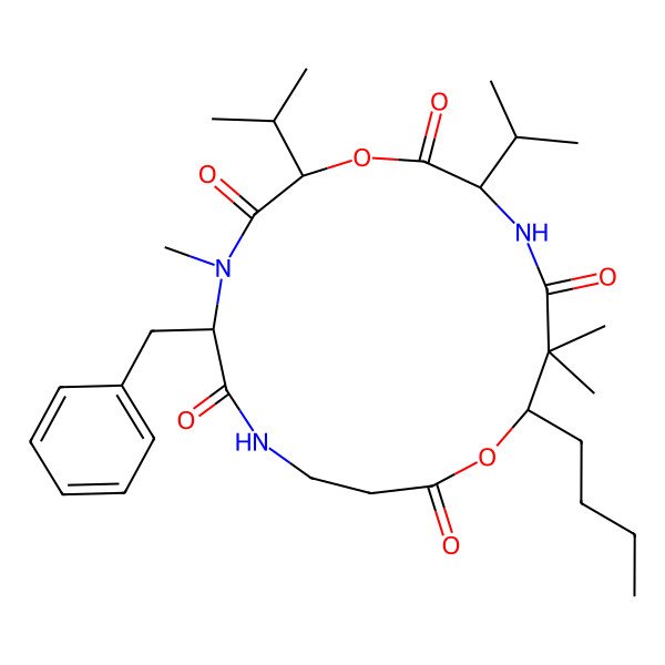 2D Structure of (2R,5R,12R,16S)-5-benzyl-12-butyl-4,13,13-trimethyl-2,16-di(propan-2-yl)-1,11-dioxa-4,7,15-triazacycloheptadecane-3,6,10,14,17-pentone