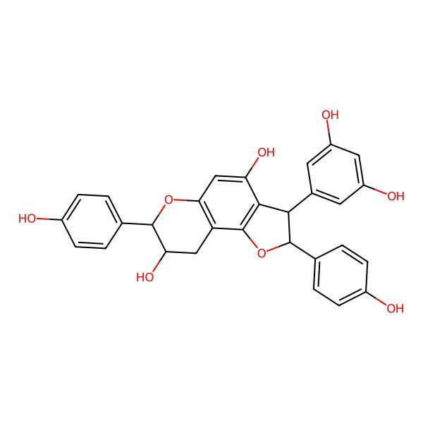 2D Structure of (2S,3S,7S,8R)-3-(3,5-dihydroxyphenyl)-2,7-bis(4-hydroxyphenyl)-3,7,8,9-tetrahydro-2H-furo[2,3-f]chromene-4,8-diol