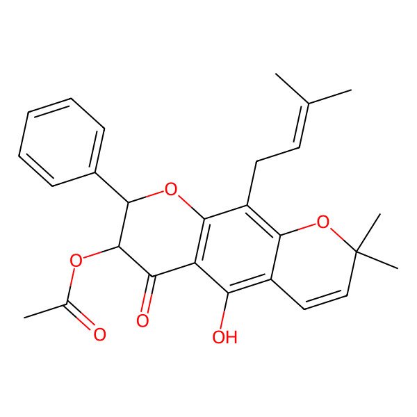 2D Structure of [5-Hydroxy-2,2-dimethyl-10-(3-methylbut-2-enyl)-6-oxo-8-phenyl-7,8-dihydropyrano[3,2-g]chromen-7-yl] acetate