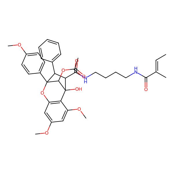 2D Structure of [(1R,9R,10S,11R,12R)-1-hydroxy-3,5-dimethoxy-9-(4-methoxyphenyl)-11-[4-[[(E)-2-methylbut-2-enoyl]amino]butylcarbamoyl]-10-phenyl-8-oxatricyclo[7.2.1.02,7]dodeca-2(7),3,5-trien-12-yl] acetate