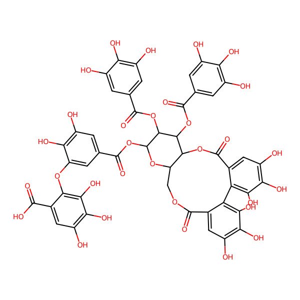 2D Structure of 2-[5-[[(10R,11S,12R,13S,15R)-3,4,5,21,22,23-hexahydroxy-8,18-dioxo-11,12-bis[(3,4,5-trihydroxybenzoyl)oxy]-9,14,17-trioxatetracyclo[17.4.0.02,7.010,15]tricosa-1(23),2,4,6,19,21-hexaen-13-yl]oxycarbonyl]-2,3-dihydroxyphenoxy]-3,4,5-trihydroxybenzoic acid
