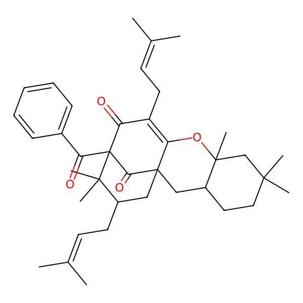 2D Structure of 13-Benzoyl-6,6,8,14,14-pentamethyl-11,15-bis(3-methylbut-2-enyl)-9-oxatetracyclo[11.3.1.01,10.03,8]heptadec-10-ene-12,17-dione