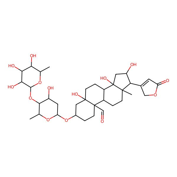 2D Structure of (3S,5S,8R,9S,10S,13R,14S,16S,17R)-5,14,16-trihydroxy-3-[(2R,4S,5S,6R)-4-hydroxy-6-methyl-5-[(2S,3R,4R,5R,6S)-3,4,5-trihydroxy-6-methyloxan-2-yl]oxyoxan-2-yl]oxy-13-methyl-17-(5-oxo-2H-furan-3-yl)-2,3,4,6,7,8,9,11,12,15,16,17-dodecahydro-1H-cyclopenta[a]phenanthrene-10-carbaldehyde