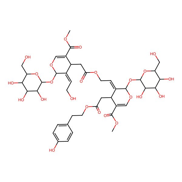 2D Structure of methyl (4S,5Z,6S)-5-(2-hydroxyethylidene)-4-[2-[(2E)-2-[(2S,4S)-4-[2-[2-(4-hydroxyphenyl)ethoxy]-2-oxoethyl]-5-methoxycarbonyl-2-[(2S,3R,4S,5S,6R)-3,4,5-trihydroxy-6-(hydroxymethyl)oxan-2-yl]oxy-4H-pyran-3-ylidene]ethoxy]-2-oxoethyl]-6-[(2S,3R,4S,5S,6R)-3,4,5-trihydroxy-6-(hydroxymethyl)oxan-2-yl]oxy-4H-pyran-3-carboxylate
