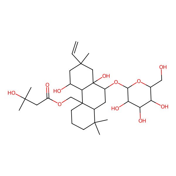 2D Structure of [7-Ethenyl-5,8a-dihydroxy-1,1,7-trimethyl-9-[3,4,5-trihydroxy-6-(hydroxymethyl)oxan-2-yl]oxy-2,3,4,4b,5,6,8,9,10,10a-decahydrophenanthren-4a-yl]methyl 3-hydroxy-3-methylbutanoate