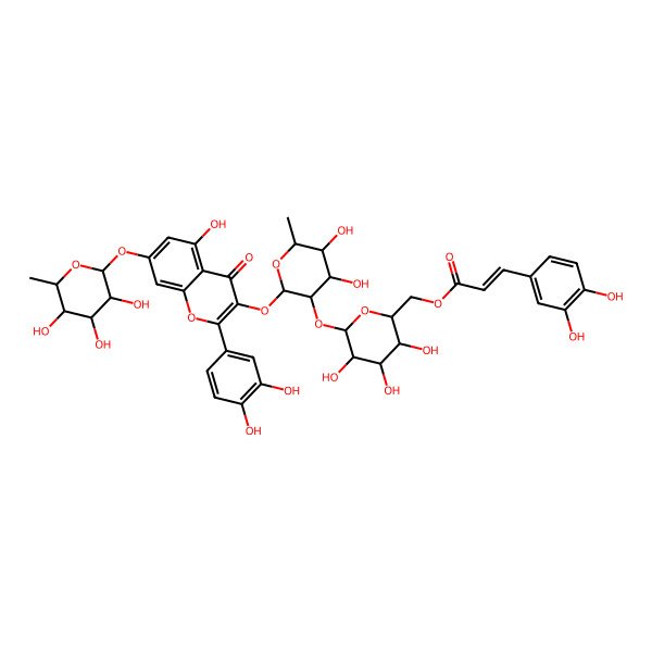 2D Structure of [6-[2-[2-(3,4-Dihydroxyphenyl)-5-hydroxy-4-oxo-7-(3,4,5-trihydroxy-6-methyloxan-2-yl)oxychromen-3-yl]oxy-4,5-dihydroxy-6-methyloxan-3-yl]oxy-3,4,5-trihydroxyoxan-2-yl]methyl 3-(3,4-dihydroxyphenyl)prop-2-enoate