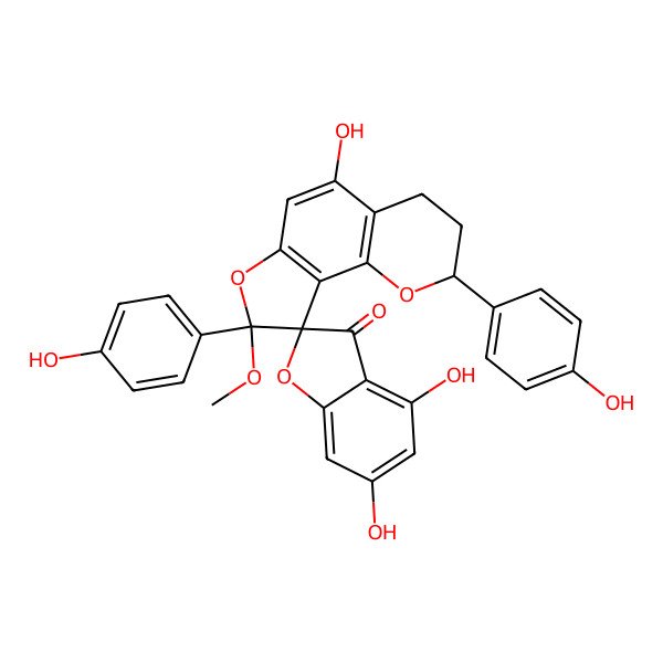 2D Structure of 4,5',6-trihydroxy-2',8'-bis(4-hydroxyphenyl)-8'-methoxyspiro[1-benzofuran-2,9'-3,4-dihydro-2H-furo[2,3-h]chromene]-3-one