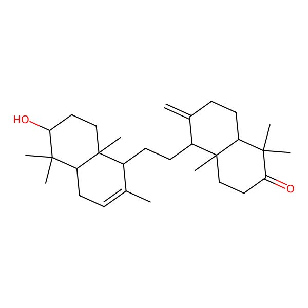 2D Structure of 5-[2-(6-Hydroxy-2,5,5,8a-tetramethyl-1,4,4a,6,7,8-hexahydronaphthalen-1-yl)ethyl]-1,1,4a-trimethyl-6-methylidene-3,4,5,7,8,8a-hexahydronaphthalen-2-one