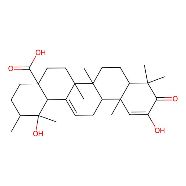 2D Structure of (1R,2R,4aS,6aR,6aS,6bR,8aS,12aR,14bS)-1,11-dihydroxy-1,2,6a,6b,9,9,12a-heptamethyl-10-oxo-3,4,5,6,6a,7,8,8a,13,14b-decahydro-2H-picene-4a-carboxylic acid