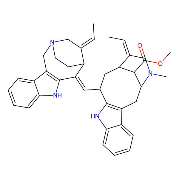 2D Structure of methyl (1S,12R,14R,15E,18S)-15-ethylidene-12-[(Z)-[(13R,14E)-14-ethylidene-1,10-diazatetracyclo[11.2.2.03,11.04,9]heptadeca-3(11),4,6,8-tetraen-12-ylidene]methyl]-17-methyl-10,17-diazatetracyclo[12.3.1.03,11.04,9]octadeca-3(11),4,6,8-tetraene-18-carboxylate