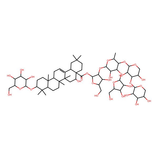 2D Structure of [(2S,3R,4S,5S)-3-[(2S,3R,4S,5S,6S)-4-[(2S,3R,4R,5S)-3,4-dihydroxy-5-(hydroxymethyl)oxolan-2-yl]oxy-5-[(2S,3R,4S,5R)-3,5-dihydroxy-4-[(2S,3R,4S,5R)-3,4,5-trihydroxyoxan-2-yl]oxyoxan-2-yl]oxy-3-hydroxy-6-methyloxan-2-yl]oxy-4-hydroxy-5-(hydroxymethyl)oxolan-2-yl] (4aR,5R,6aR,6aS,6bR,8aR,10S,12aR,14bS)-5-hydroxy-2,2,6a,6b,9,9,12a-heptamethyl-10-[(2R,3R,4S,5S,6R)-3,4,5-trihydroxy-6-(hydroxymethyl)oxan-2-yl]oxy-1,3,4,5,6,6a,7,8,8a,10,11,12,13,14b-tetradecahydropicene-4a-carboxylate