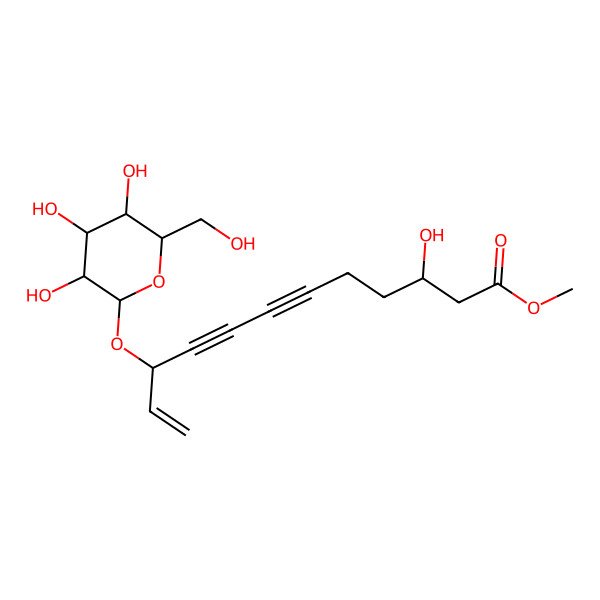 2D Structure of methyl (3R,10R)-3-hydroxy-10-[(2R,3R,4S,5S,6R)-3,4,5-trihydroxy-6-(hydroxymethyl)oxan-2-yl]oxydodec-11-en-6,8-diynoate