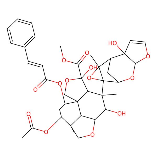 2D Structure of methyl (1S,4S,5R,6S,7S,8R,11R,12R,14S,15S)-12-acetyloxy-4,7-dihydroxy-6-[(1S,2S,6S,8S,9R,11S)-2-hydroxy-11-methyl-5,7,10-trioxatetracyclo[6.3.1.02,6.09,11]dodec-3-en-9-yl]-6,11-dimethyl-14-[(E)-3-phenylprop-2-enoyl]oxy-3,9-dioxatetracyclo[6.6.1.01,5.011,15]pentadecane-4-carboxylate