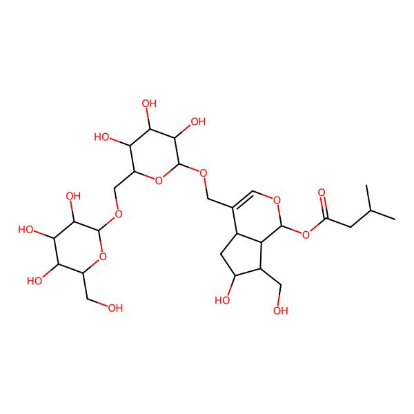 2D Structure of 6-Hydroxy-7-(hydroxymethyl)-4-({[3,4,5-trihydroxy-6-({[3,4,5-trihydroxy-6-(hydroxymethyl)oxan-2-yl]oxy}methyl)oxan-2-yl]oxy}methyl)-1H,4ah,5H,6H,7H,7ah-cyclopenta[c]pyran-1-yl 3-methylbutanoate