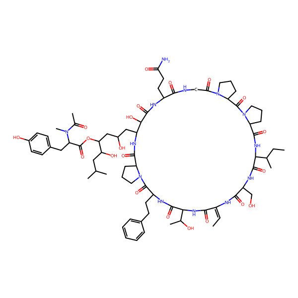 2D Structure of [(2R,4S,5S)-1-[(3S,12R,15R,16S,19S,25R,28R,31E,34S,37R,40S)-12-(3-amino-3-oxopropyl)-37-[(2S)-butan-2-yl]-31-ethylidene-15-hydroxy-28-[(1R)-1-hydroxyethyl]-34-(hydroxymethyl)-2,8,11,14,18,24,27,30,33,36,39-undecaoxo-25-(2-phenylethyl)-1,7,10,13,17,23,26,29,32,35,38-undecazatetracyclo[38.3.0.03,7.019,23]tritetracontan-16-yl]-2,5-dihydroxy-7-methyloctan-4-yl] (2S)-2-[acetyl(methyl)amino]-3-(4-hydroxyphenyl)propanoate