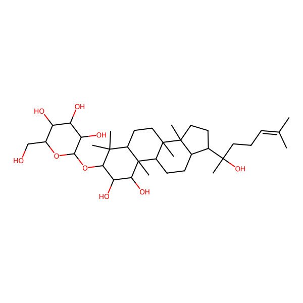 2D Structure of (2R,3R,4S,5S,6R)-2-[[(1S,2R,3R,5S,8R,9S,10R,13R,14R,17S)-1,2-dihydroxy-17-[(2R)-2-hydroxy-6-methylhept-5-en-2-yl]-4,4,8,10,14-pentamethyl-2,3,5,6,7,9,11,12,13,15,16,17-dodecahydro-1H-cyclopenta[a]phenanthren-3-yl]oxy]-6-(hydroxymethyl)oxane-3,4,5-triol